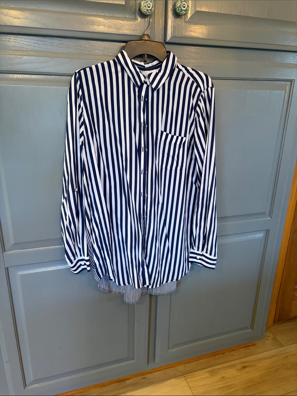 Jane and Delancey Navy and White Vertical Stripe Button-Up Shirt